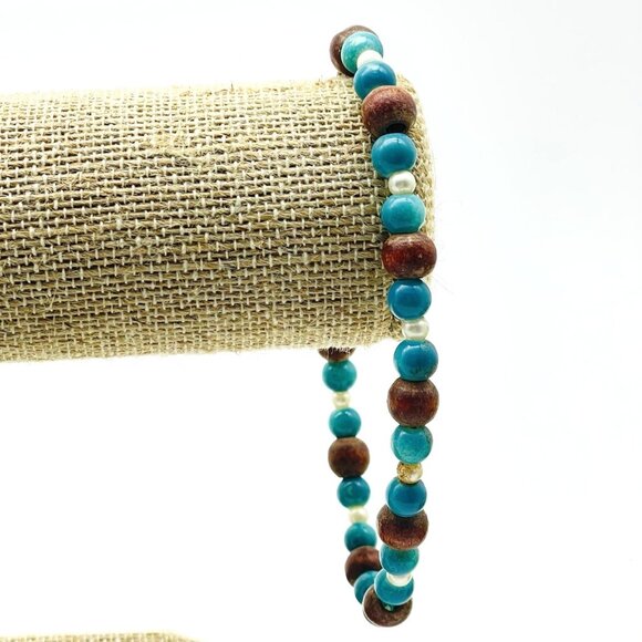 Beaded Bracelet Blue Brown Round Beads White Accents Boho Handmade Earthy Style - Picture 1 of 6